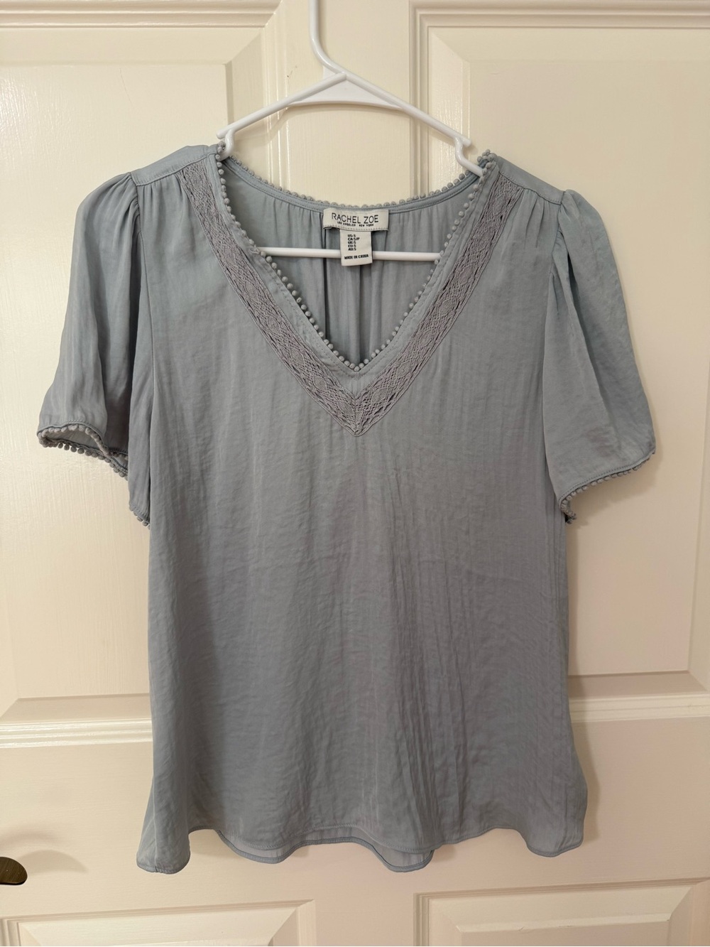 Rachel Zoe Soft Slate Blue Gray V-Neck Embroidered Short Sleeve Blouse
